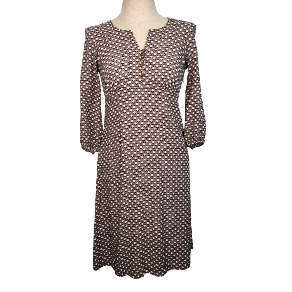 Boden Floral Polka Dot 3/4 Sleeve Dress 6L / UK 10L Button Front Taupe‎ White